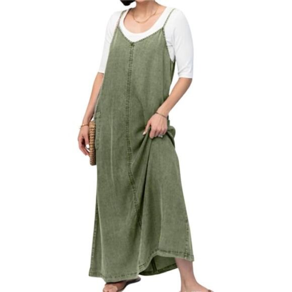Women's Summer Spaghetti Strap Denim Dress Army Green - Picture 1 of 3